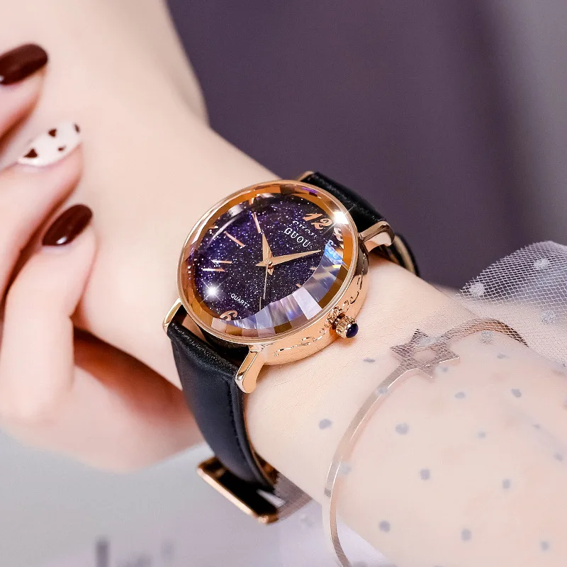 

Fashion Guou Top Brand Women's Starry Sky Quartz Ins Wind Internet Celebrity Same Waterproof Genuine Leather Belt Wrist Watches