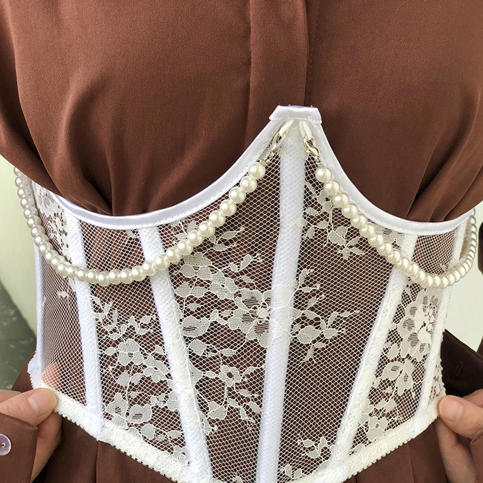 Women Pearl Lace Corset Belt Underbust Slimming Shaper Wide Belts Black White Bustier Corset for Women Vintage Costumes