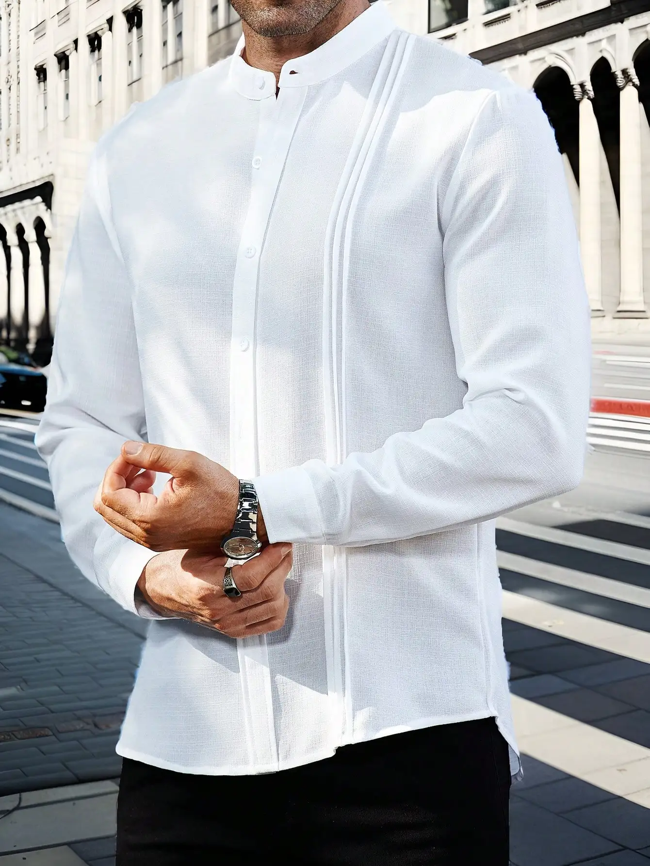 

Men's White Long Sleeve Casual Shirt with Stand Collar and Pleated Front