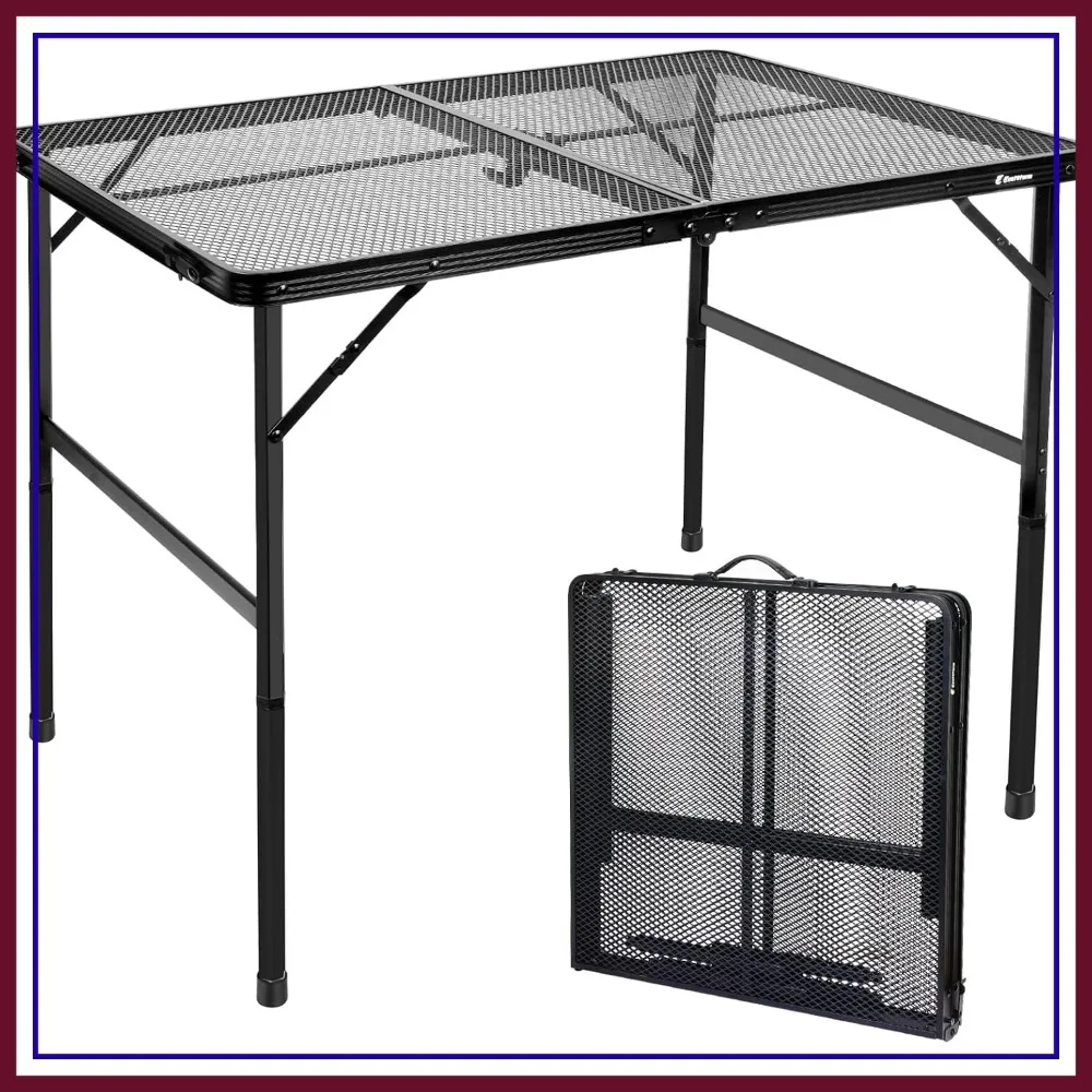 

4ft Folding Table with Mesh Top, Adjustable Height 16.5" & 26", Camping BBQ Picnic Outdoor, Black