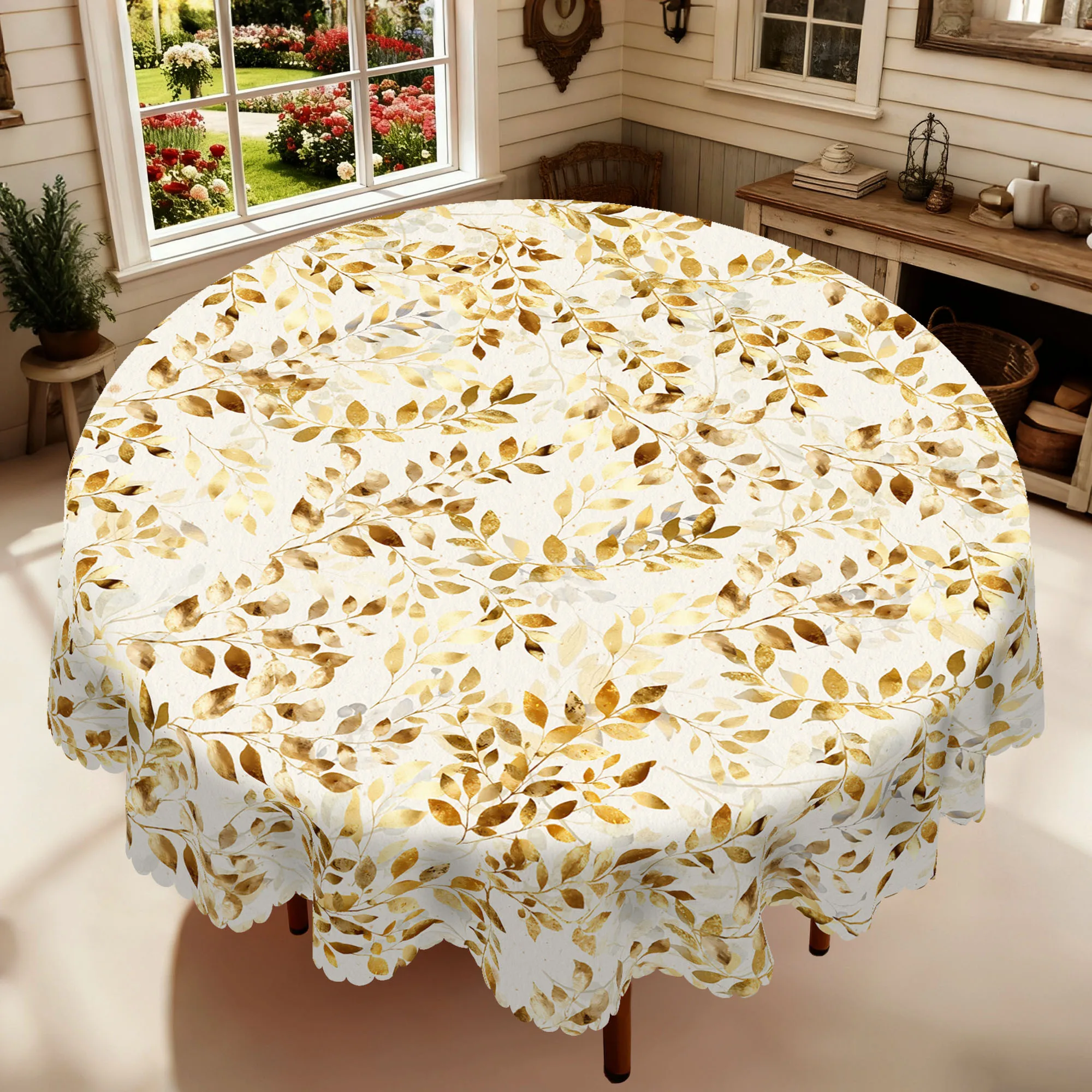 1 Piece of Gilded Leaf and Branch Round Tablecloth, Available in 5 Sizes, Featuring a Core of Gilded Leaf and Branch Prints, Paired with a Gentle Floral Outline and Delicate Leaf Pattern Interwoven Print, Round Tablecloth with Embossed Edges, Spring Home Dining Table Decoration, Suitable for Everyday Family Dining Rooms, Sunroom Settings, Spring Atmosphere Creation, Four-Season Decoration