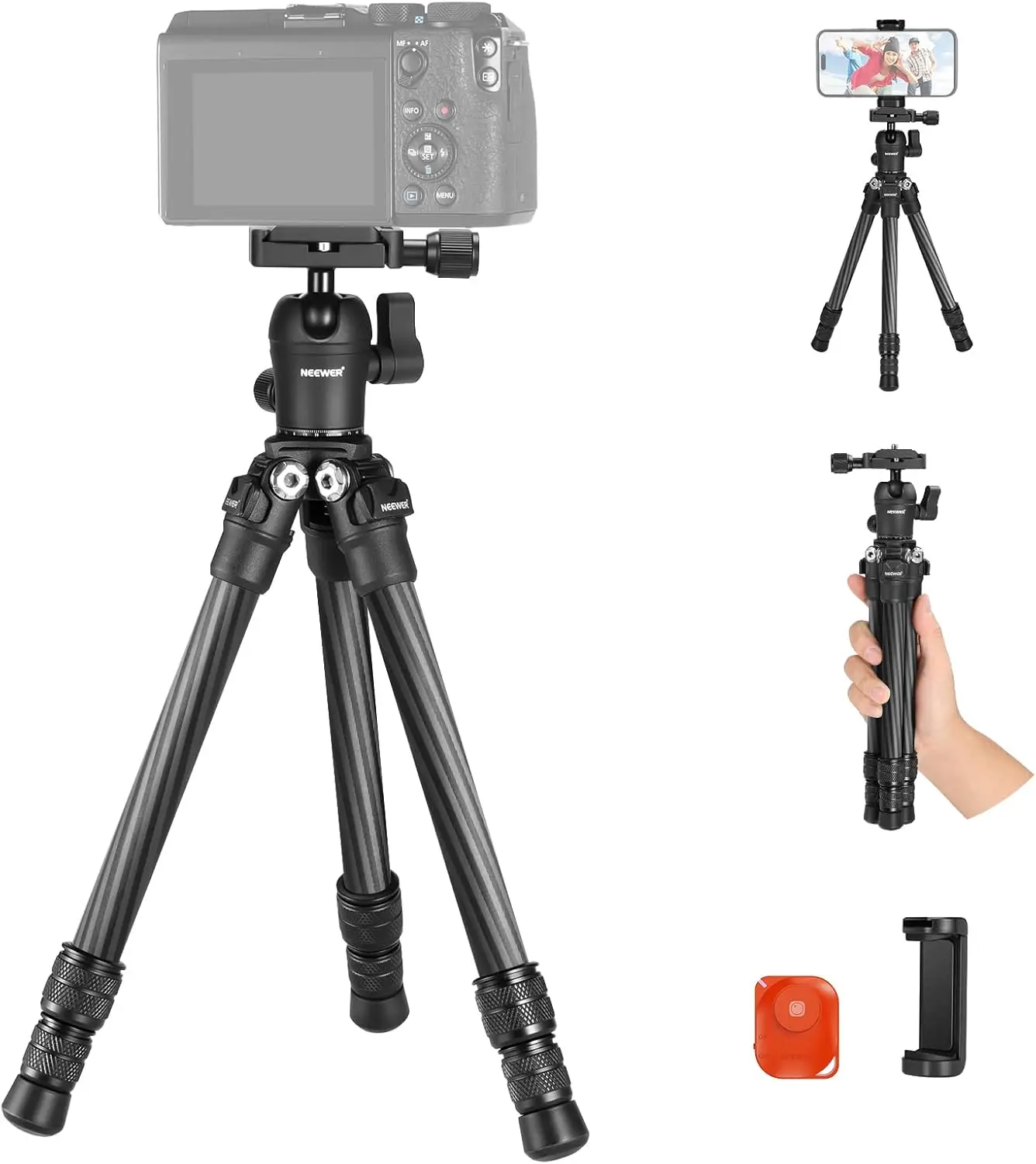 NEEWER TP09 Carbon Fiber Mini Tripod Compatible with iPhone Phone DSLR Camera Video Camcorder，with Ball Head, Phone Holder