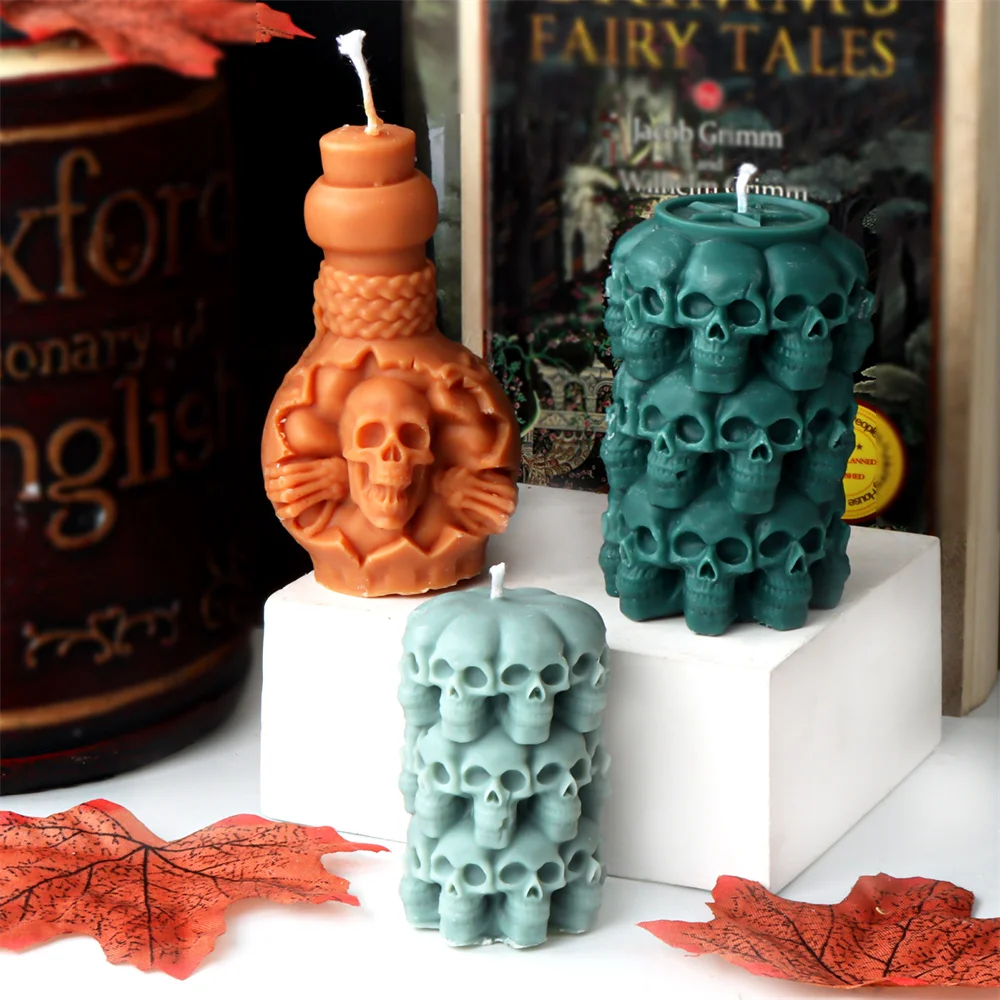 3D Horror Skull Pillar Silicone Candle Mold Halloween Skull With Pumpkin/Fox Aroma Statue Tool Party Gift Scary Vibe For Decor