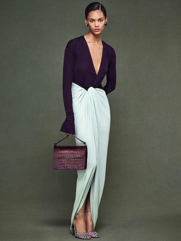 Sisterlinda Patchwork Dress Women Fashion Deep V-Neck Knot Full Sleeve Peach Hip Evening Prom Party Street Skinny Maxi Bodycon