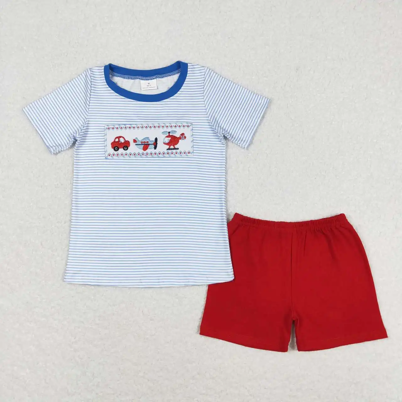 Wholesale Toddler Yellow Short Sleeves Cotton Plane T-shirts Kids Plaid Shorts Outfit Children Embroidery Summer Sets