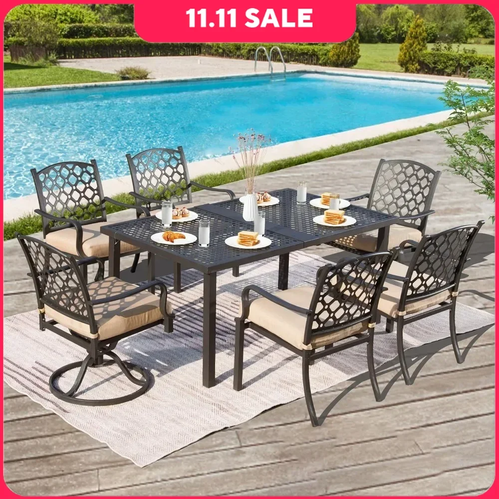 7 Pieces Patio Dining Sets All-Weather Metal Outdoor Modern with Table, Cushions-Beige, Sturdy and Durable, Outdoor Dining Sets