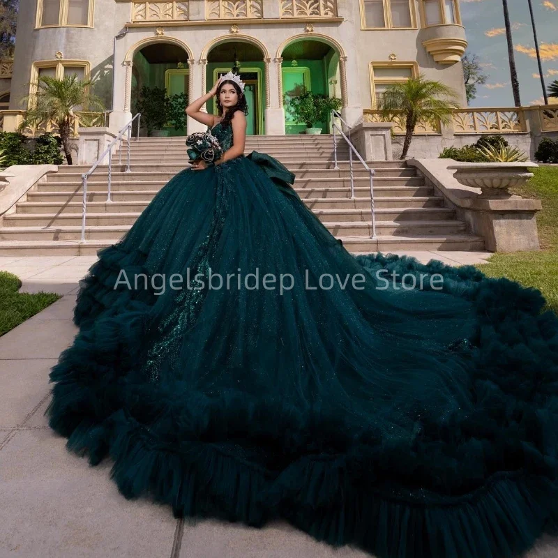 ANGELSBRIDEP Customized Luxury Blackish Green Ball Gown Quinceanera Dresses Glitter Tulle Evening Party Dress Vestido De 15 Años