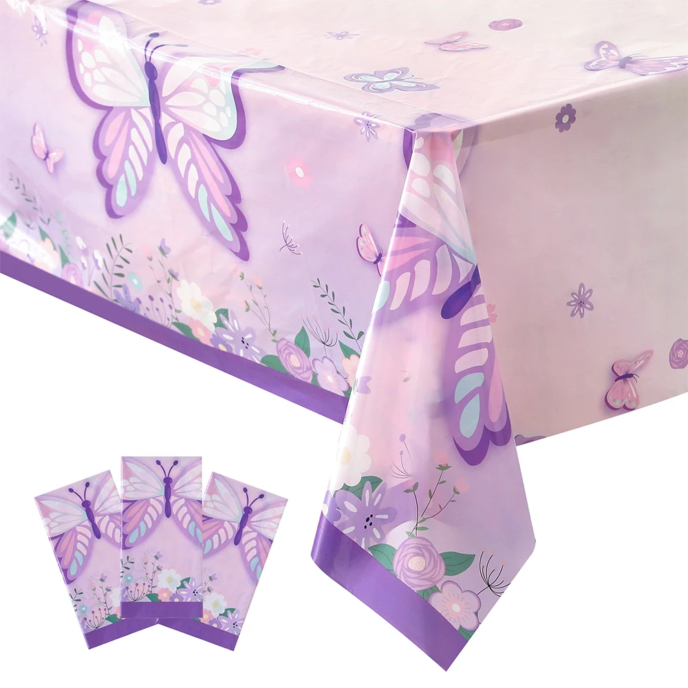 

Pink Purple Butterfly Tablecloth Happy Birthday Party Plastic Table Cover Girls Baby Shower Watercolor Butterfly Party Supplies