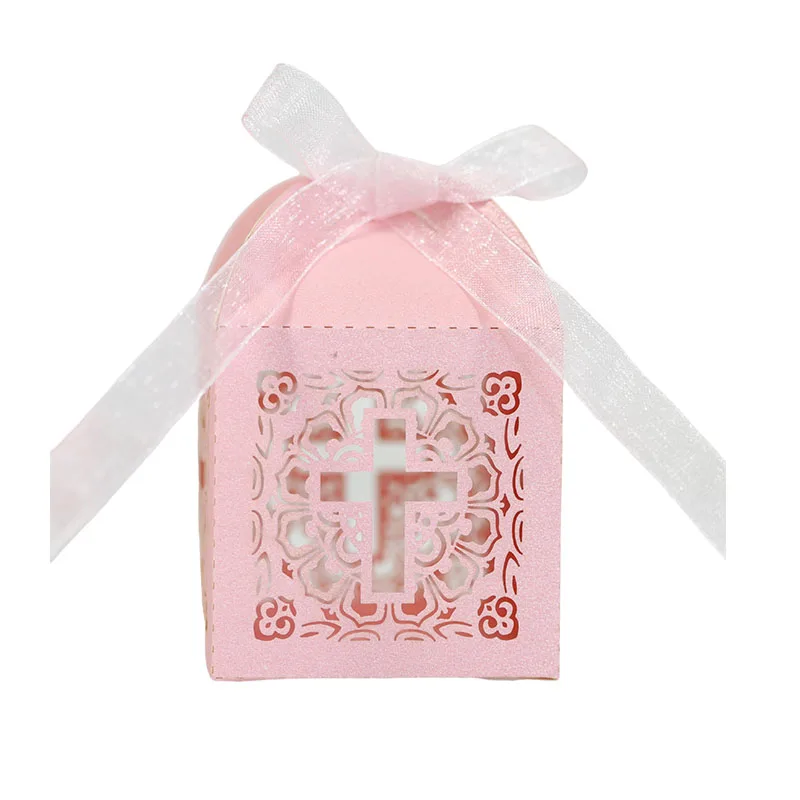 50/100pcs Lace Cross Candy Box Easter Favor Gift Packaging Box With Ribbon Birthday Baptism Wedding Communion Christening Decor