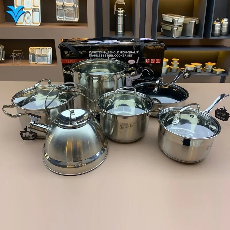 

Hot Sale Good Quality 12 Pcs Stainless Steel Casserole Glass Lids Nonstick Kitchen Cookware Sets Frying Pans for Home