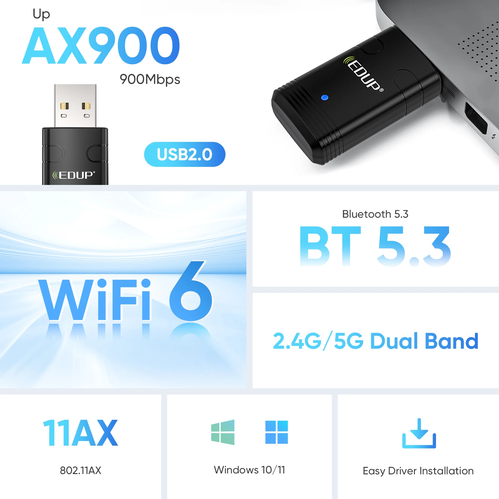 WiFi6 AX900 USB Adapter Bluetooth5.3 Dual Band 2.4G 5GHz Wireless Network Card USB Dongle WiFi Receiver Driver Free For Win10/11