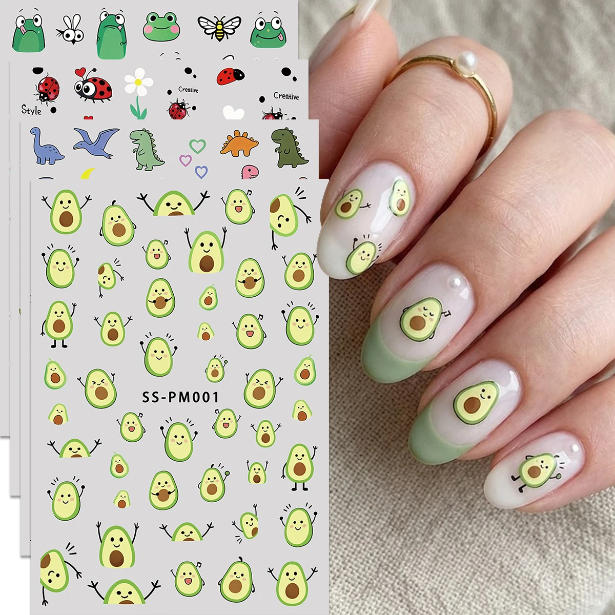 Animal dos desenhos animados frutas arte do prego adesivos dinossauro joaninha sapo abacate projetos kawaii diy decalques de unhas para a primavera verão diariamente, cam