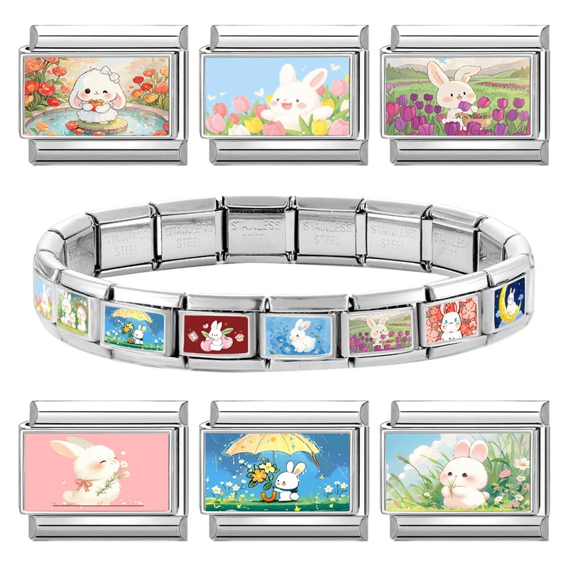 New Easter Rabbit Series Cat Moon Star Flowers New Italian Charms Fit 9mm Stainless Steel Women Men Bracelet DIY Jewelry Gifts