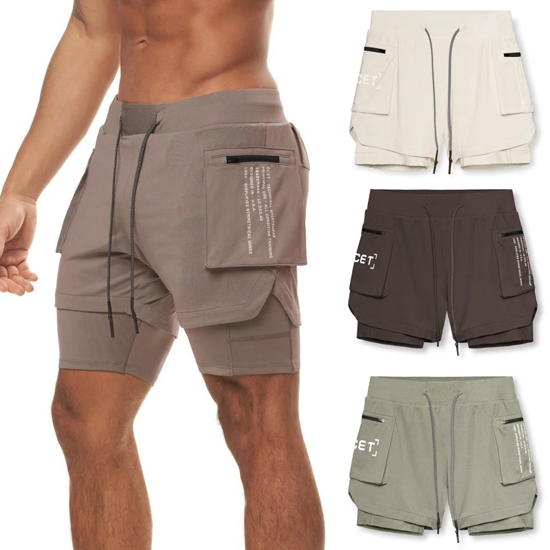 Pantalones cortos deportivos 2 en 1 para hombre, Shorts elásticos transpirables de secado rápido, de doble capa, para correr, gimnasio y entrenamiento, novedad