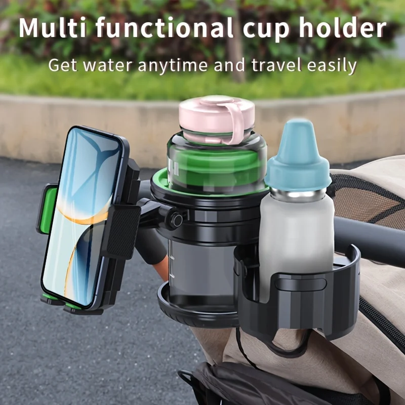 

3-in-1 Stroller Cup Holder with Phone Mount, Multi-Functional ABS Cup Holder for Easy Access to Water and Mobile Devices