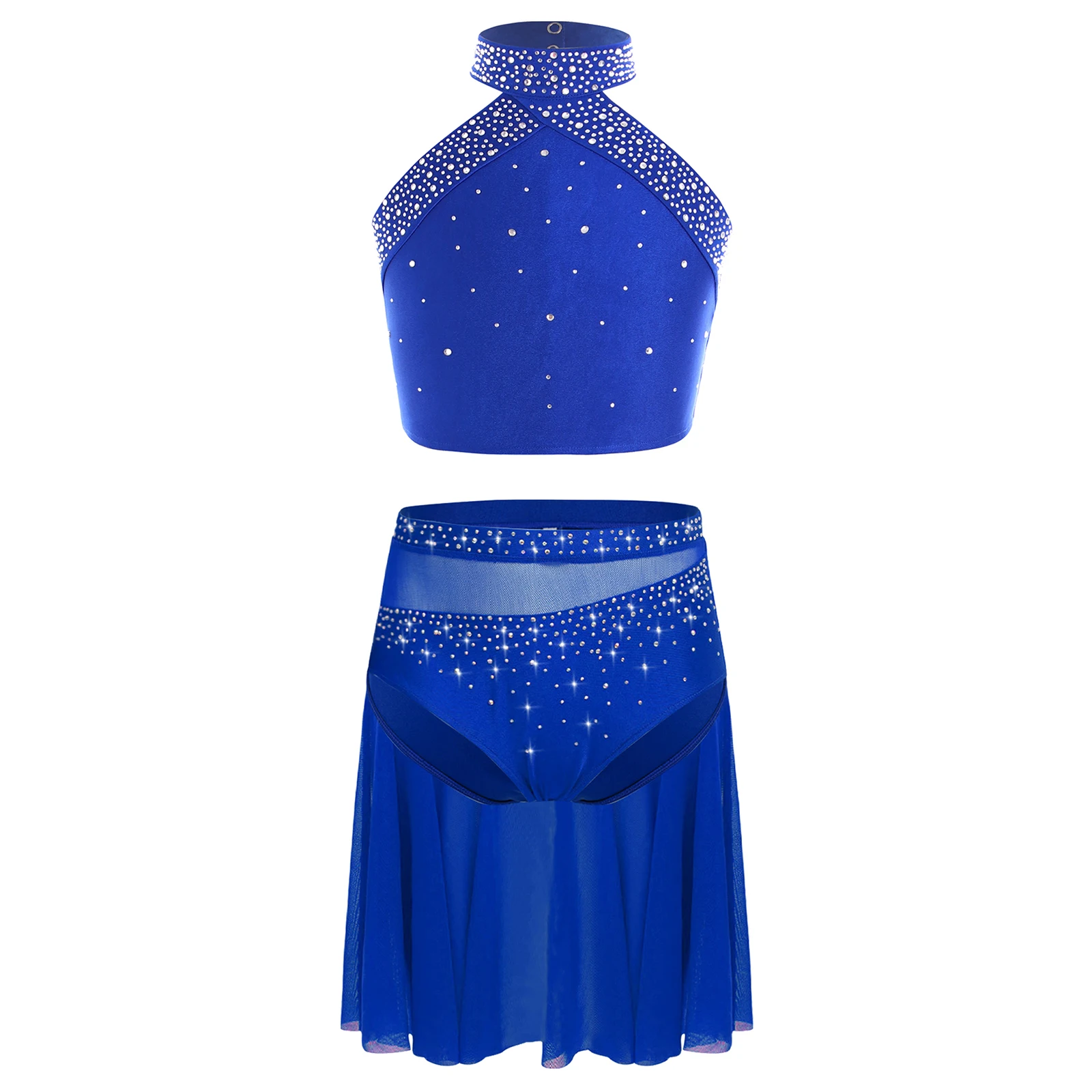

Kids Girls Lyrical Ballet Latin Dance Outfit Sheer Mesh Rhinestones Crop Tops with Skirt Professional Dance Competition Costume