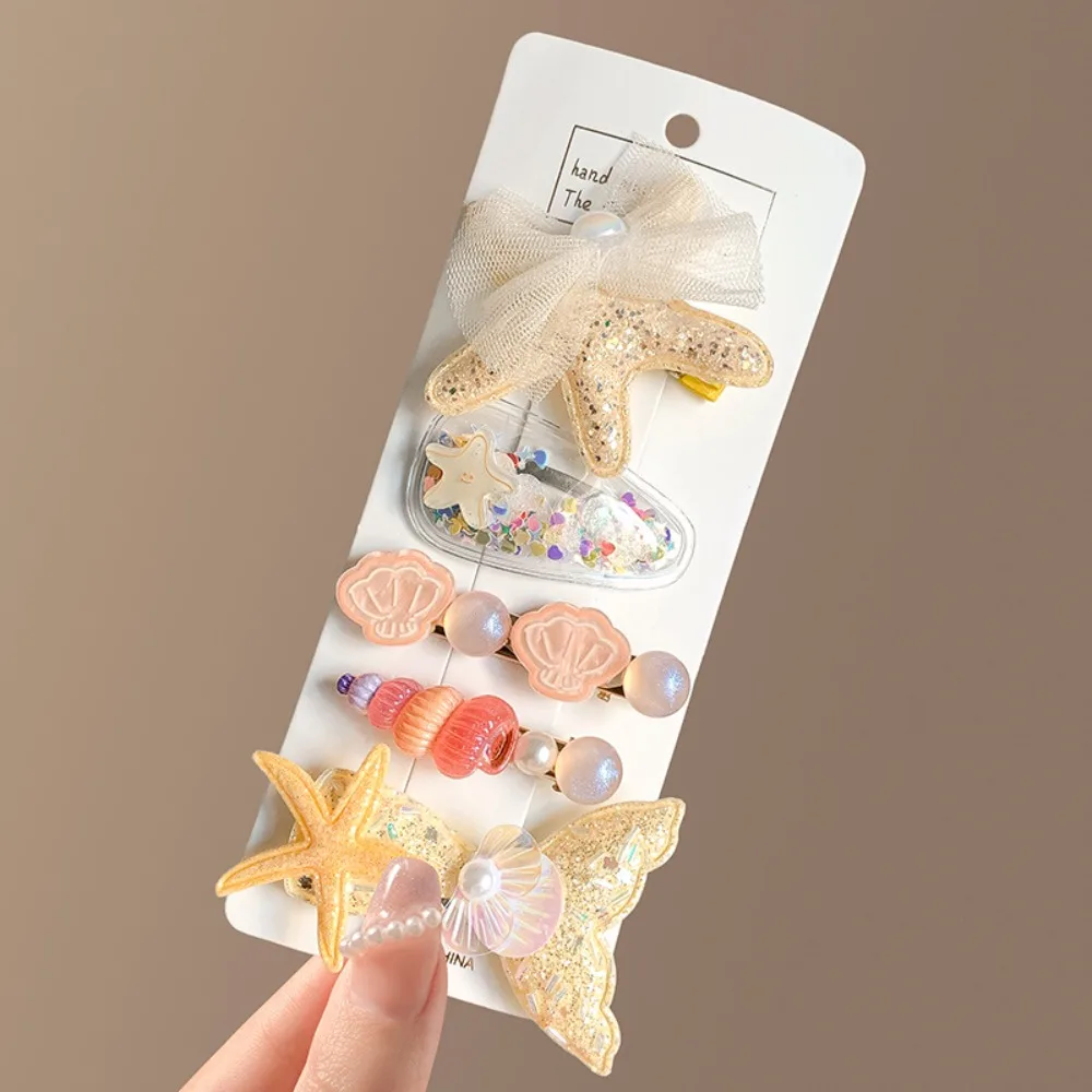 

5pcs/set Cute Starfish Seashel Hair Clips Pearl Fine Flash Hairpins Gift Ocean Series Barrette Summer Beach