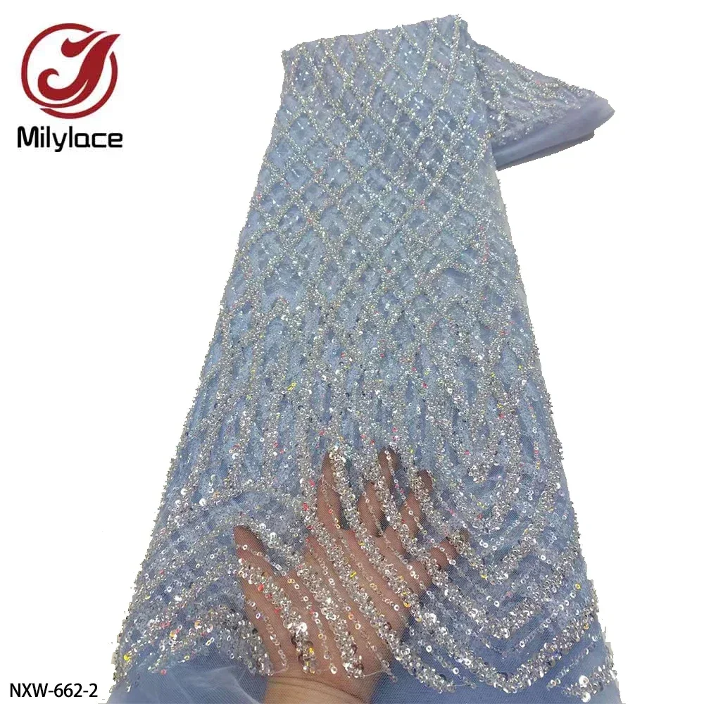 Beautiful and Shine French tulle net Lace Fabric with Beads and Sequins for DIY lady's dress materials NXW-662