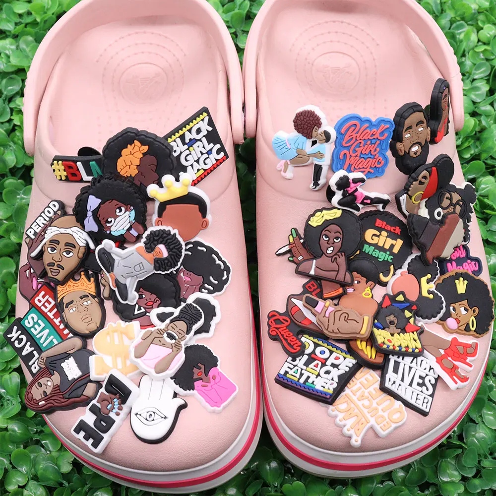 Single Sale 1pcs PVC Shoe Charms Black Girl Magic BLM Queen Hand Melanin Poppin Buckle Clog Decorations for Bands Xmas Gifts