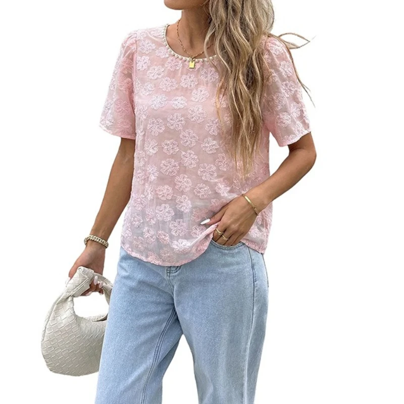 

2026 Summer New Gentle Style Top Pink Flower Jacquard Bubble Sleeve Shirt for Women