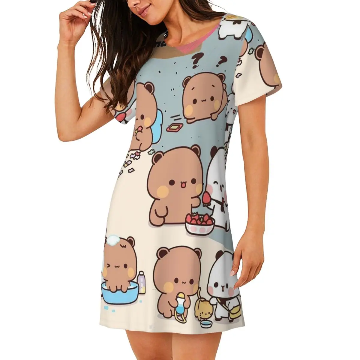 Bubu Dudu Panda Bears Cartoon Short Sleeves Nightdress For Sleeping Sleepshirts Women Short Sleeve Nightgowns Soft Pajama Dress
