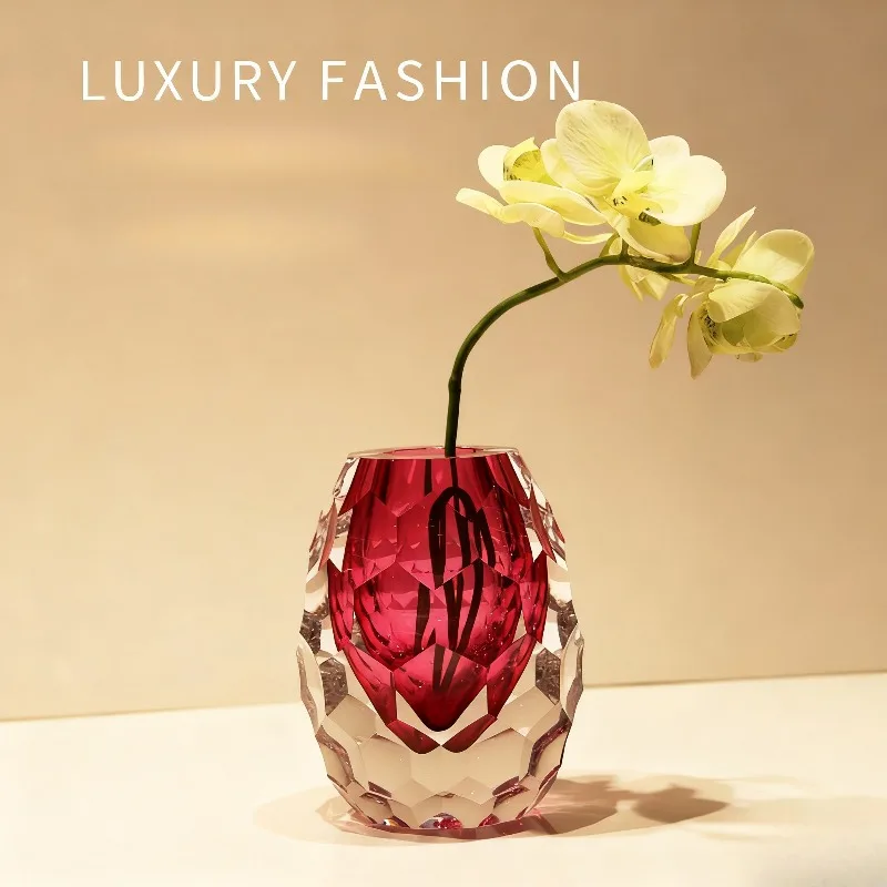 Flower Arrangement Device Modern Light Luxury Art Diamond Cut Crystal Vase Living Room Dining Table Glass Vase Decoration