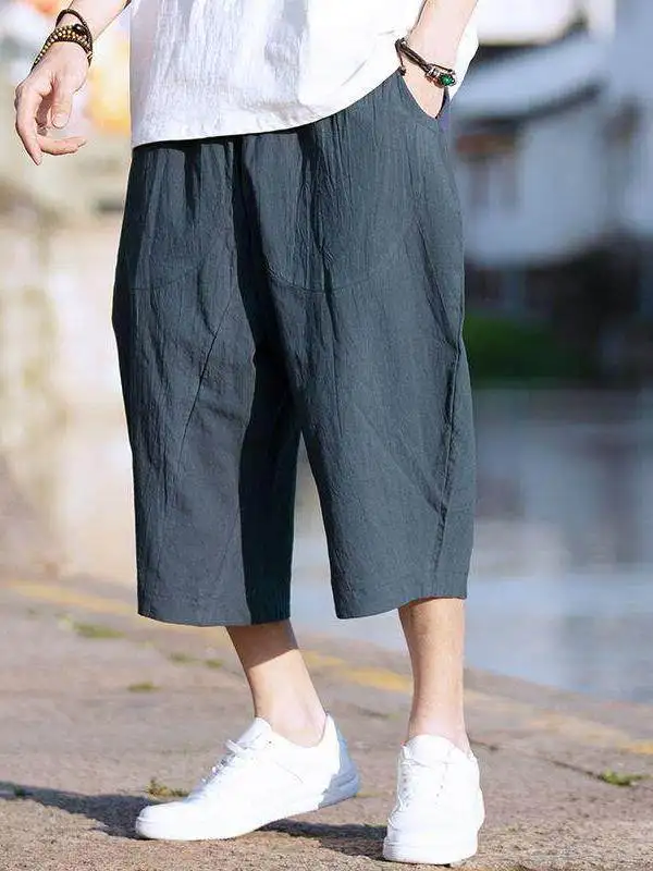 

Summer New Thin Pure Color Linen Men's Loose Cotton Linen Shorts Seven-Foot Pants plus Size Trendy City Walk Short Shorts