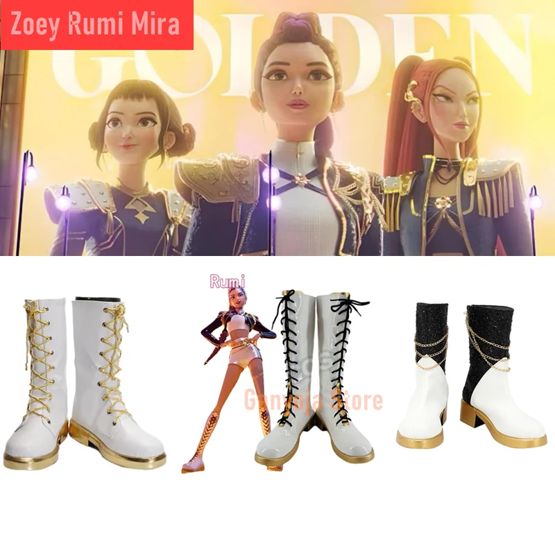 

Rumi Mira Zoey, обувь для косплея KPop, охотники на демонов, карнавальные ботинки на Хэллоуин, черные, золотые танцевальные туфли, детские ботинки