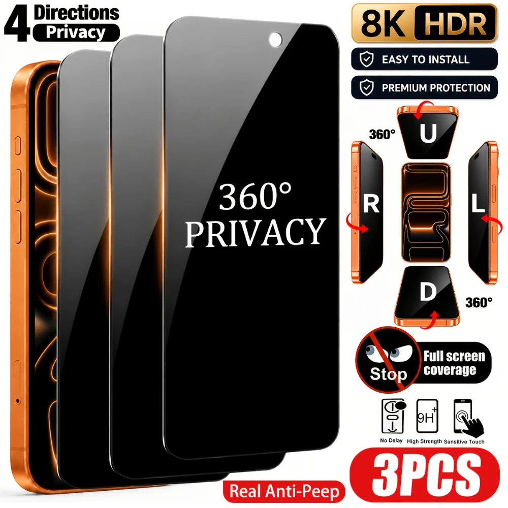 NNBILI 3 Stück 360 °   Vierseitiger Sichtschutz-Displayschutz aus gehärtetem Glas, für iPhone 18 17 16 15 14 13 12 11 Pro Max 18. Vollständige Abdeckung.