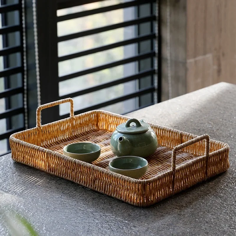 

Imitation Rattan Weaving Basket Plastic Storage Tray with Handle Round Basket Bread Food Plate Cake Platter Dinner Serving Tray