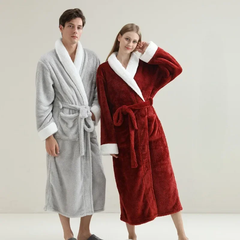 European and Americanwinter women's long thick sleepwear comfortable cotton fleece couple bathrobe high-quality couple nightgown