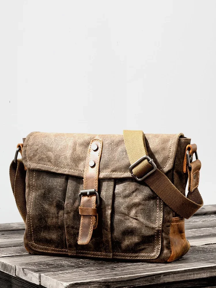 

Oil Wax Cloth Canvas Men‘s Bag Transverse Solid Color Vintage Shoulder Cross Man Bag Laptop Travel Briefcase Handbags for Men