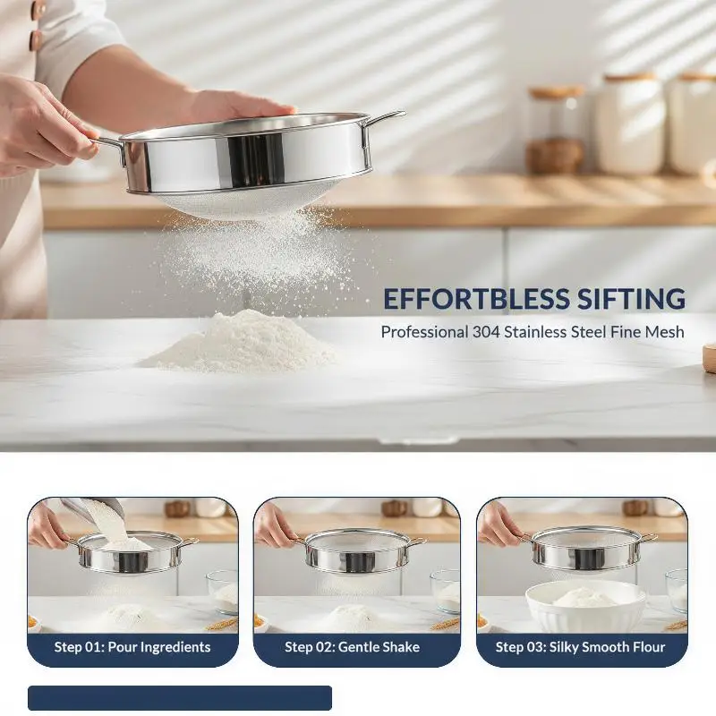 Ultra-fine Round Flour Sifter 40/60 Mesh Baking Strainer for Home Pastry Cake Dessert Making Kitchen
