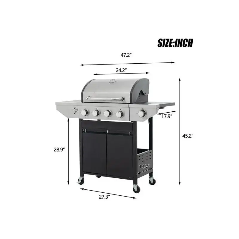 

4-Burner Propane BBQ Grill with Side Burner & Thermometer for Outdoor Cooking & Camping