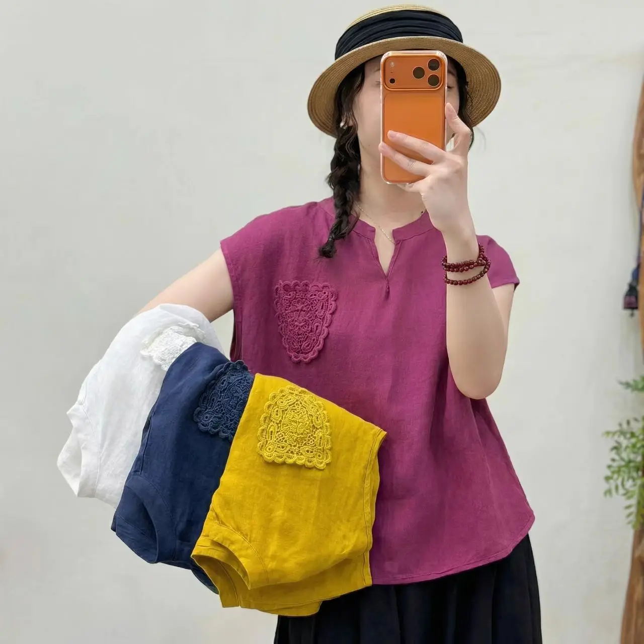 

Summer 2026 Women's Vintage Short Sleeve Base Shirt Shoulder Drop Vest T-shirt plus Size Slimming Top Breathable Comfortable