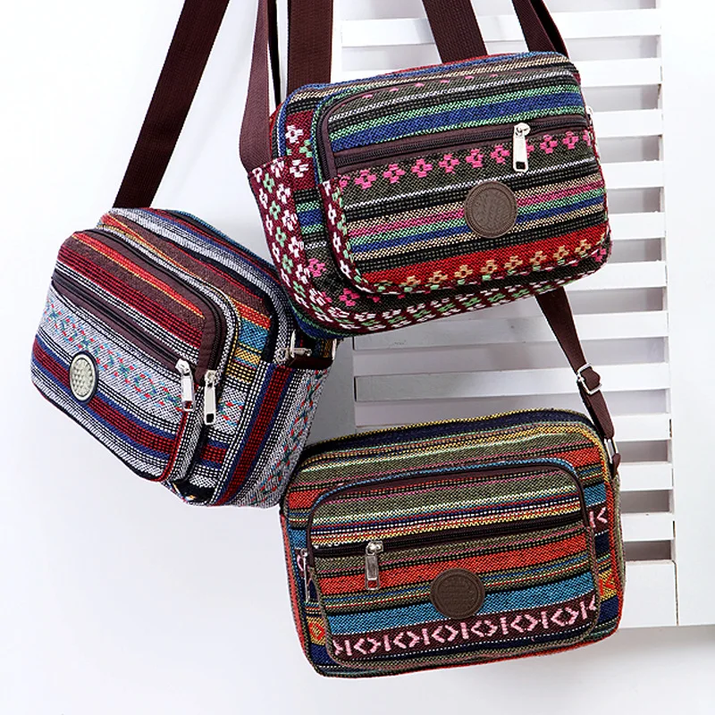 Multi Layer Messenger Bag Women Striped Canvas Single Bag Woman Mobile Phone Crossbody Bag Nylon Oxford Shoudler Bag