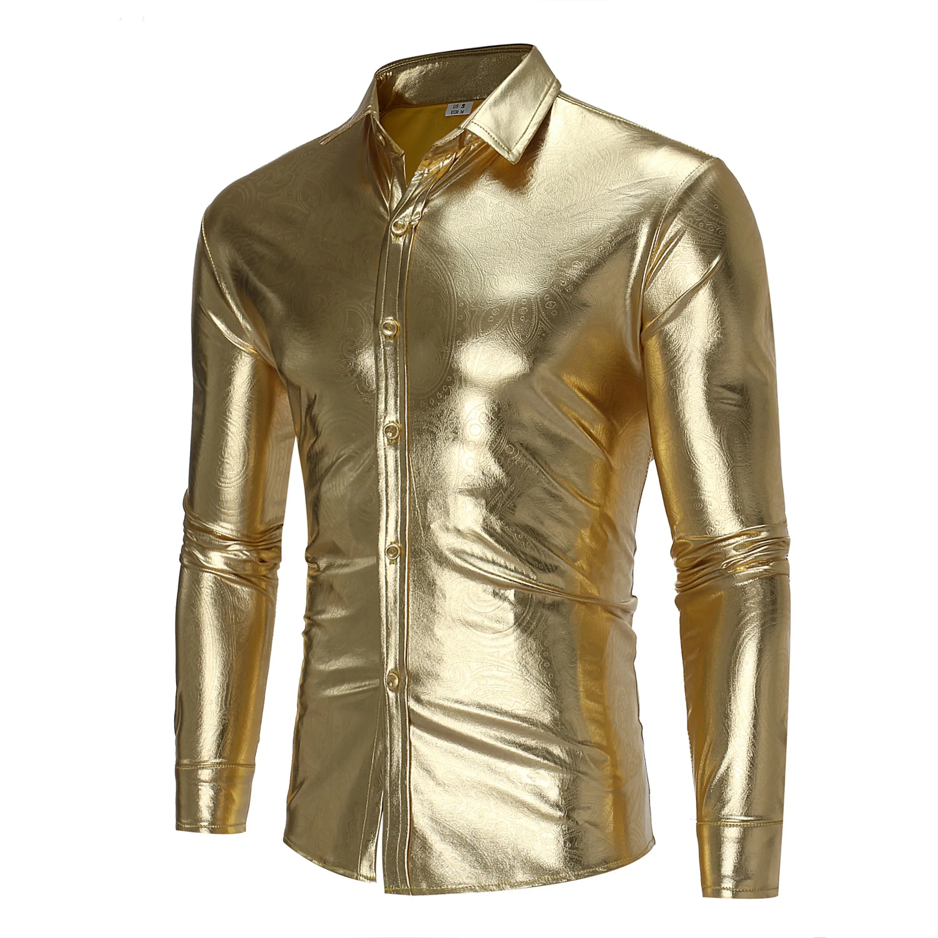 

Night Club Wear Men's Dress Shirts Camisa Social 2023 Slim Long Sleeve Shirt Men Coated Metallic Button Down Gold Shirts