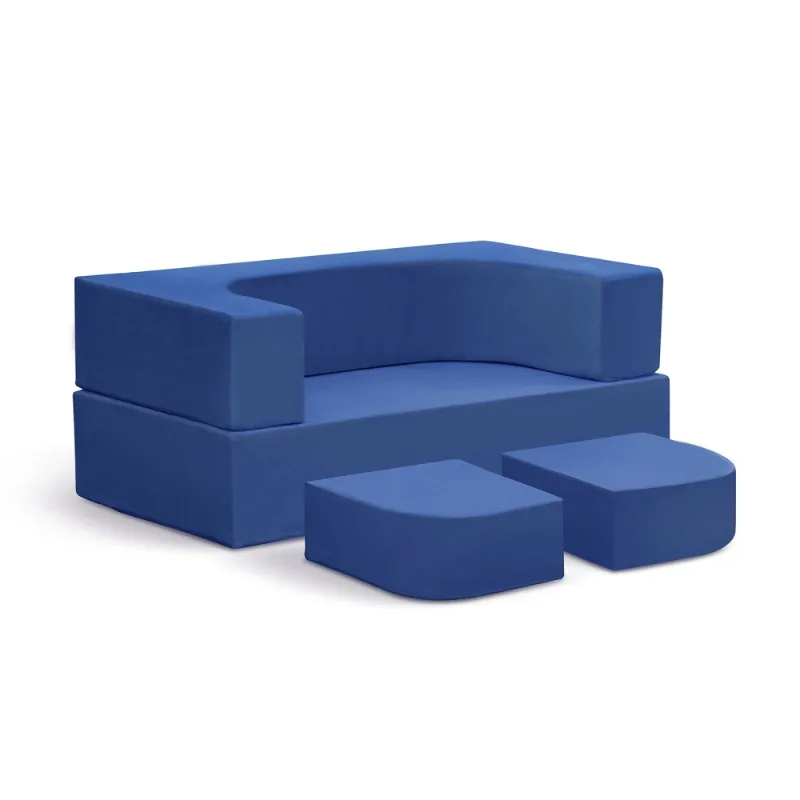 Set di divani modulari blu per bambini Divano da gioco componibile convertibile con pouf Mobili in morbida schiuma per sala giochi e camera da letto per bambini