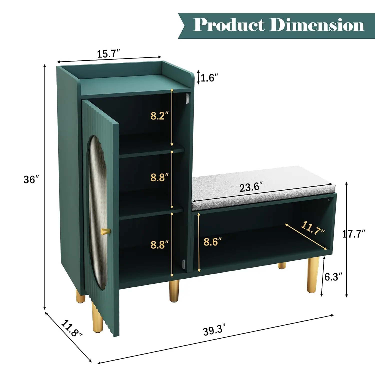 L-Shaped Shoe Storage Bench with Glass Door & Shelf, Green, Customized