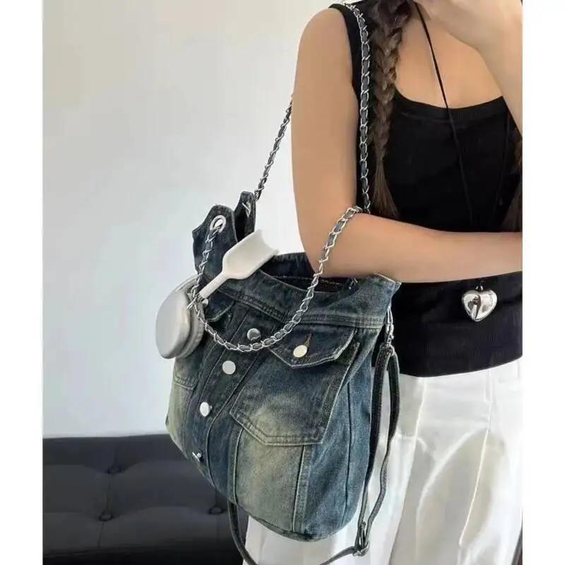 Bloom Hot Girls Denim Shoulder Bags Women Vintage Haruku Pocket Large Capacity Handbag Ladies Retro Casual Underarm Bag Y2k