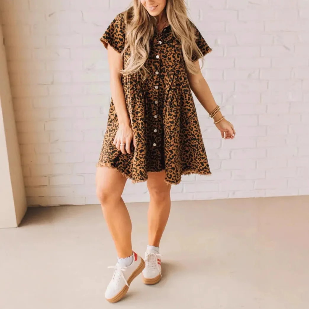 

New Women's Fashionable Leopard Print Camisole Dress V-neck Short Sleeved Loose Long Skirt