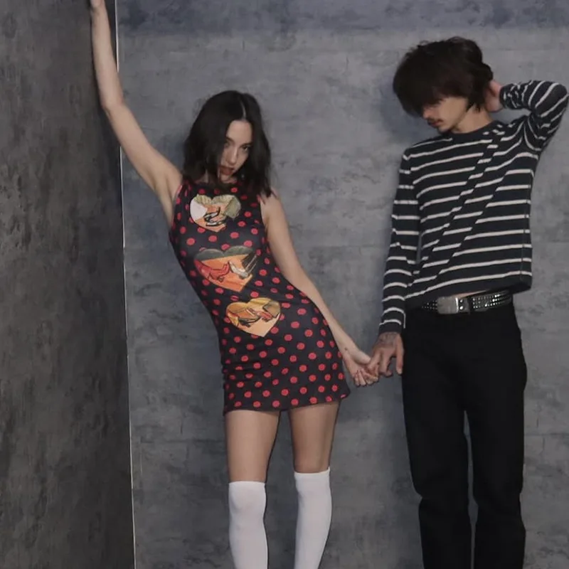 Emagrecimento bonito bolinhas coração impressão vestido feminino americano retro novo curto doce legal quente menina sem mangas colete vestidos senhoras