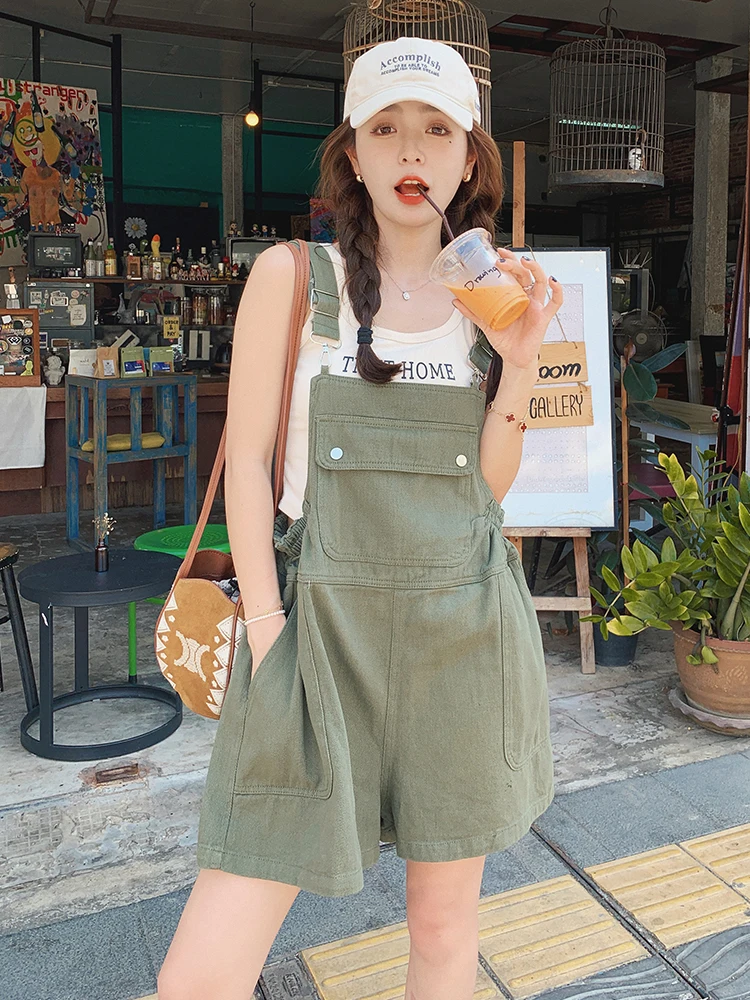 

Женский Короткий комбинезон на бретельках, свободный зеленый комбинезон с широкими штанинами в Корейском стиле, уличная мода, лето 2024