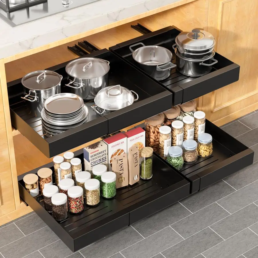 

Выдвижной органайзер для шкафа, расширяемый, 11.7x19.7 дюймов, сверхпрочные выдвижные ящики с креплением на клейкой нанопленке для кастрюль, выдвижные S-образные секции