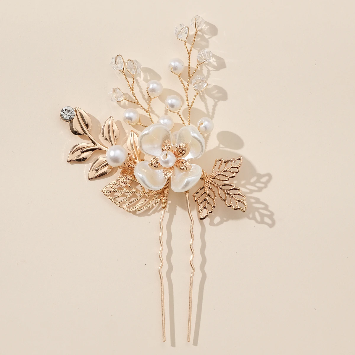 Gold Alloy Flower Hairpin Leaf Design Pearl Crystal Hair Sticks Elegant Women\'s Headwear Accessories Jewelry Bridesmaid Gifts