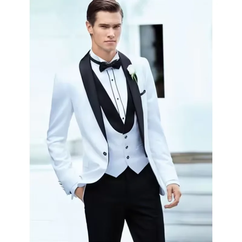 

3-piece white men's suit slim fit wedding tailcoat formal suit shawl lapel jacket vest party pants