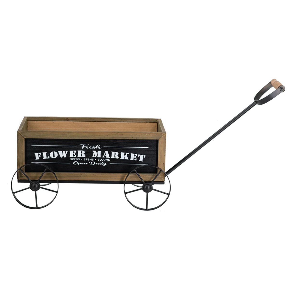 16.5x9.5x8" Rustic Wooden Wagon Planter with Black Iron Wheels and Handle