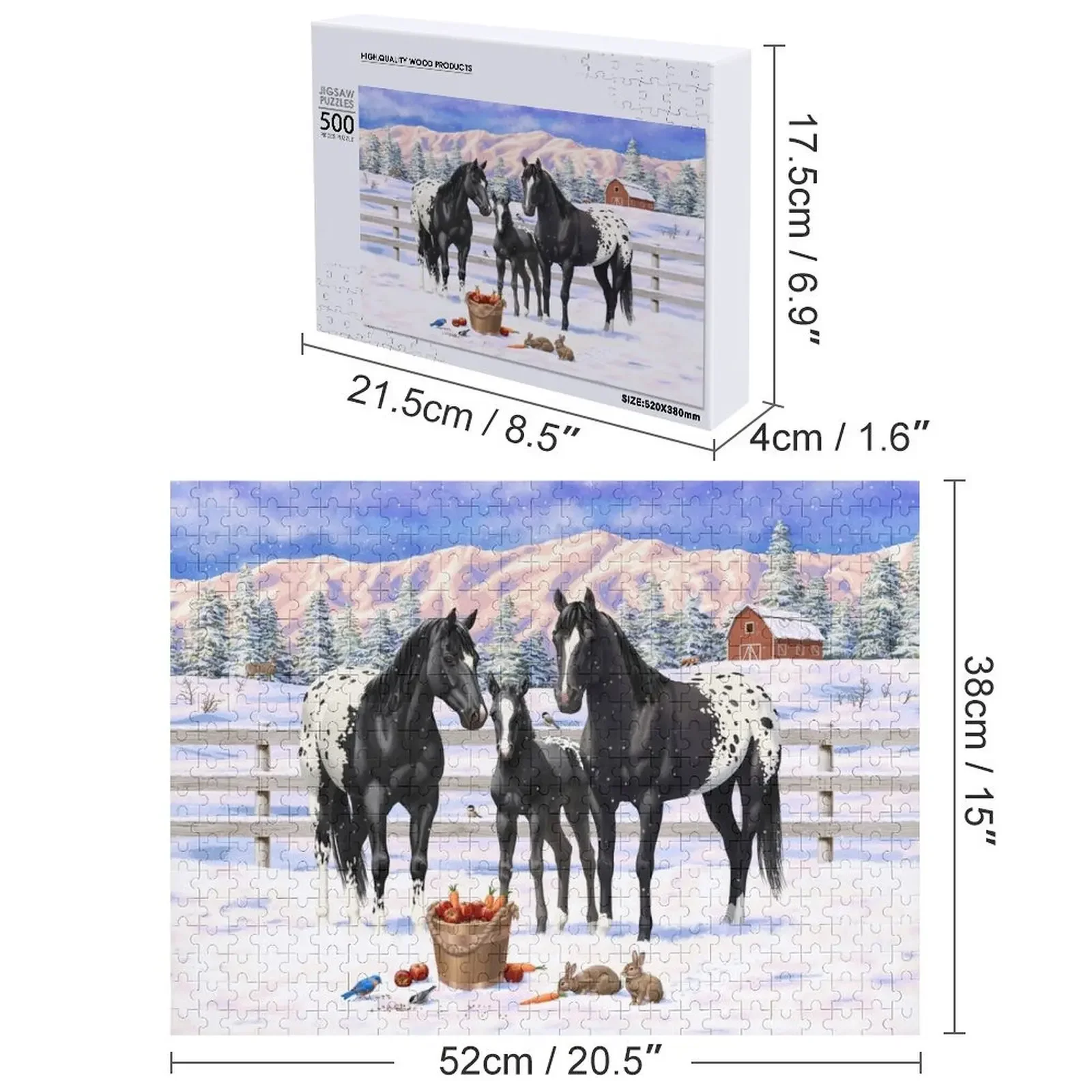 Cavalli neri di Appaloosa nella neve Puzzle Decorazioni in legno Dipinti Puzzle regalo personalizzato per bambini