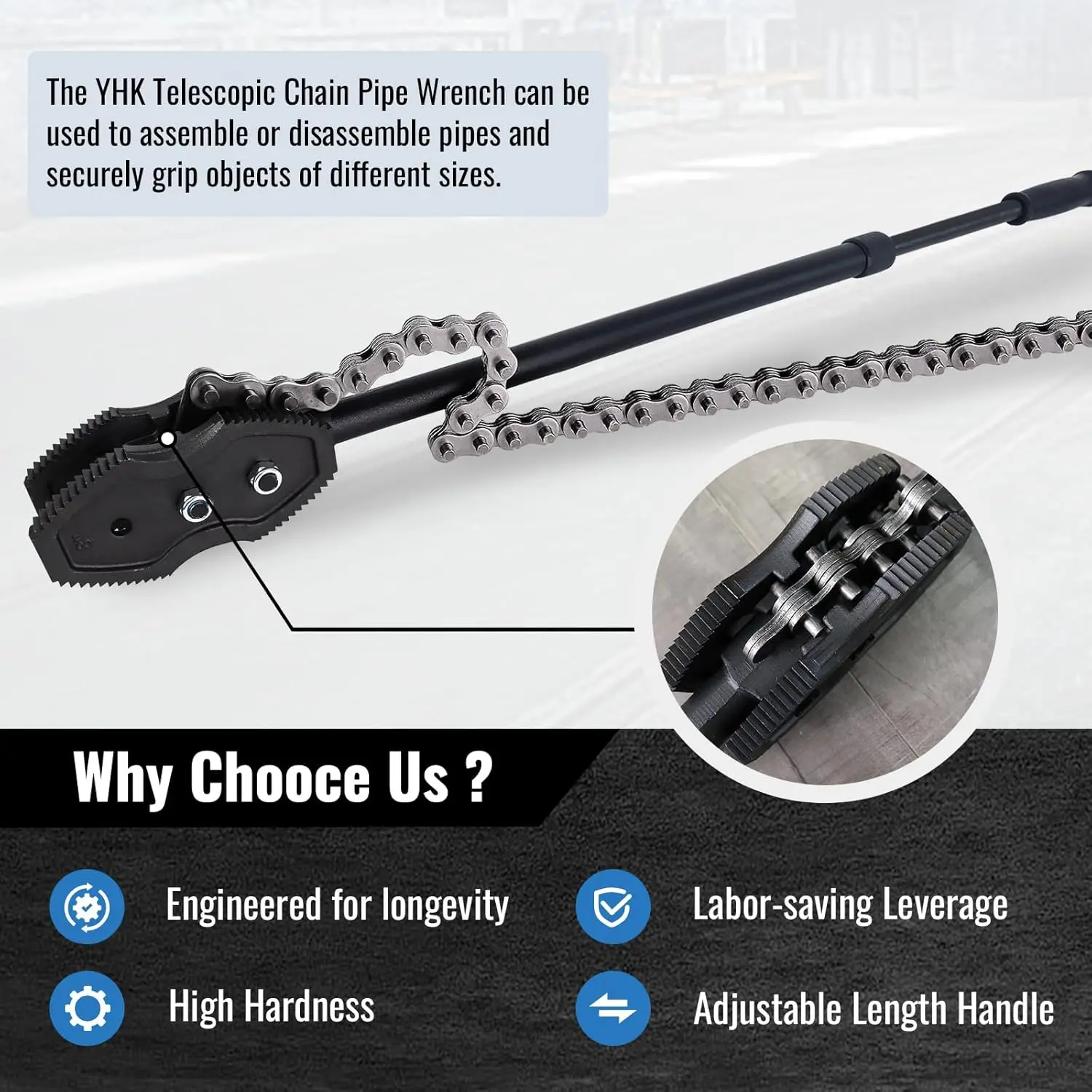 مفتاح ربط أنابيب السلسلة، ملقط سلسلة بطول سلسلة 41.3 بوصة وطول المقبض التلسكوبي 35.4 بوصة - 47.2 بوصة، مفتاح ربط، شعبي جديد