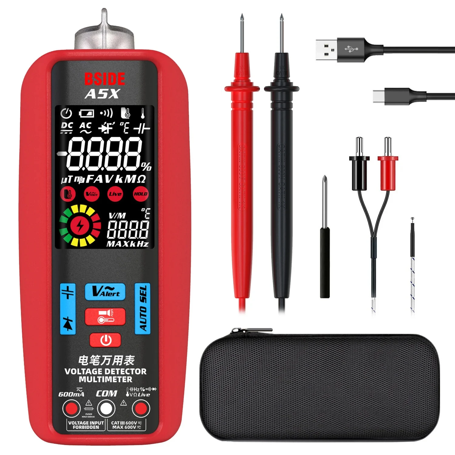 A5/A5X Digital chargeable Multitmeter 6000 Counts  AC/DC Voltage Tester Current Auto Range Capacitance Ohm Temp Diode Hz NCV